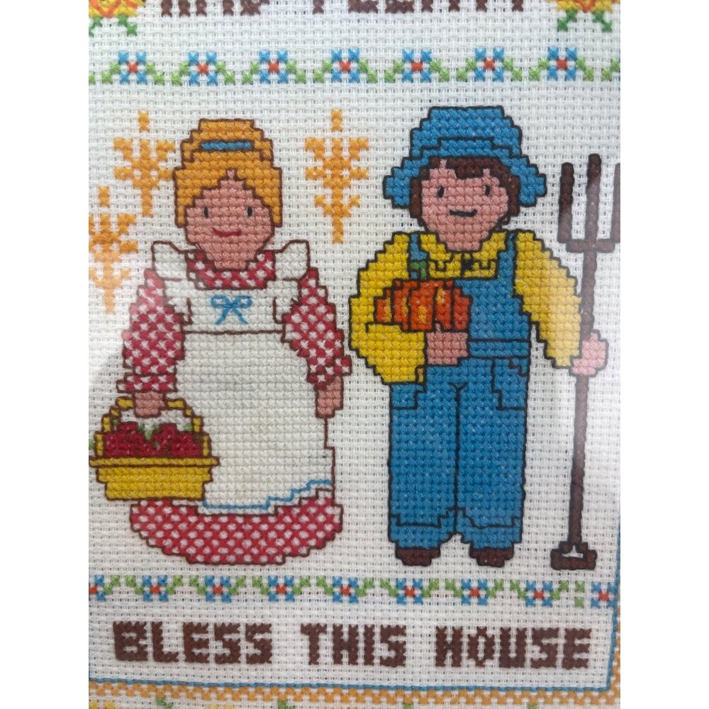 Vintage Cross Stitch May Peace and Plenty Bless This House 11”x14”